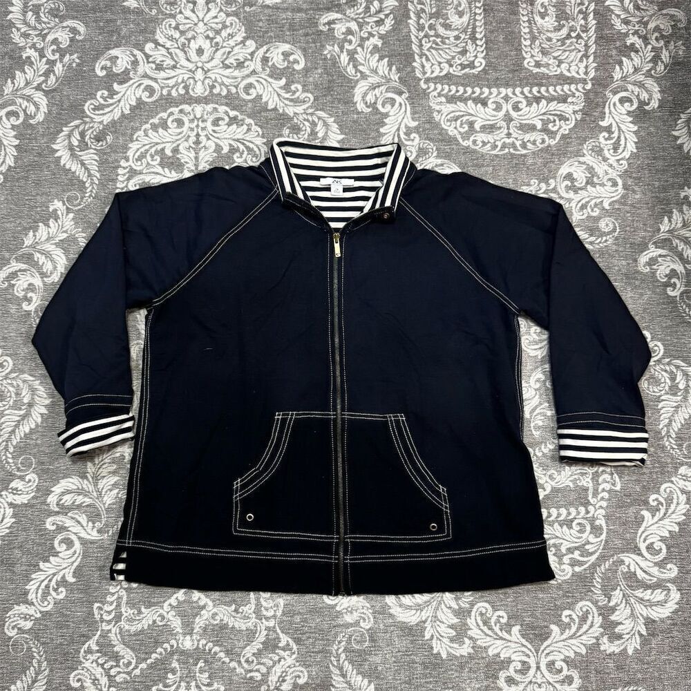 Anne Klein Sport Women's 2XL Blue Striped Zip Jacket with Pockets